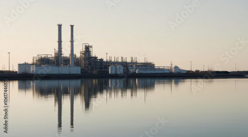 A tranquil industrial landscape reflects on water, showcasing a power plant with smokestacks against a serene sky.