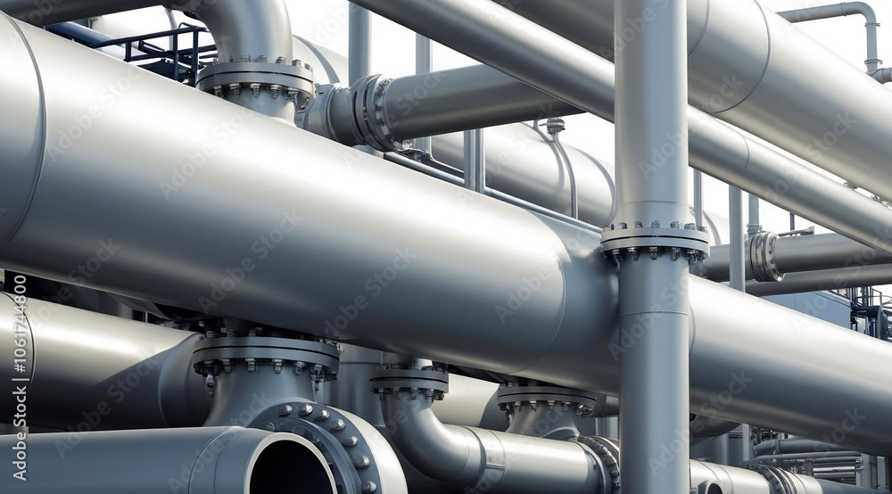 A close-up view of industrial pipes and tubing, showcasing a complex arrangement of silver metallic structures in a manufacturing facility. A close-up view of industrial pipes and tubing, showcasing a complex arrangement of silver metallic structures in a manufacturing facility.