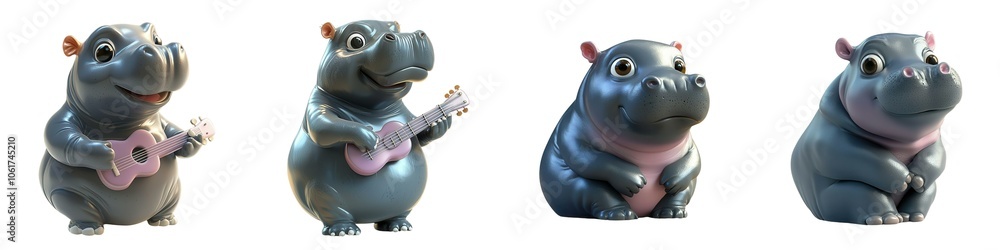 Whimsical hippo figurines playing musical instruments, perfect for adding a playful touch to home decor or creative projects, white isolate background. Whimsical hippo figurines playing musical instruments, perfect for adding a playful touch to home decor or creative projects, white isolate background.