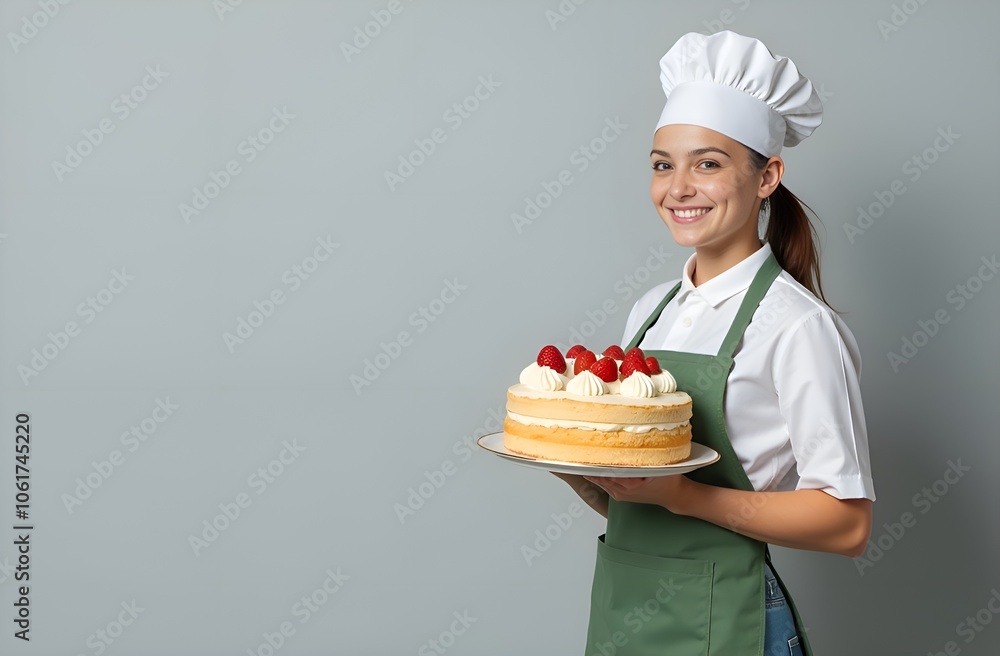 the pastry chef holds a cake decorated with berries in his hands, there is a place for text on the leftward, a simple smooth gray background the pastry chef holds a cake decorated with berries in his hands, there is a place for text on the leftward, a simple smooth gray background