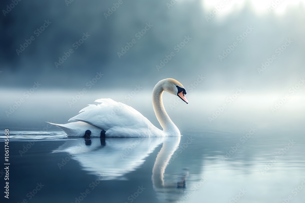 Fototapeta premium Serene Swan Gliding Through Tranquil Pond