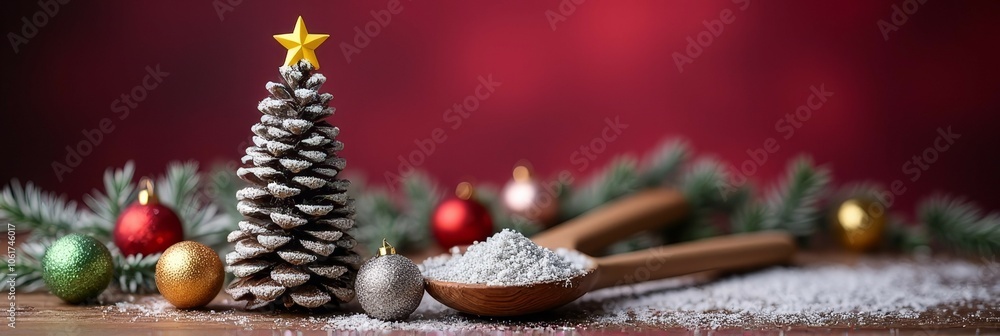 Fototapeta premium Festive pine cone christmas display with ornaments on a rustic wooden surface