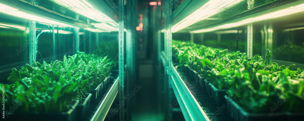 Hydroponic racks filled with fresh lettuce under cool fluorescent lights, showcasing vibrant green plants in modern indoor farming setup Hydroponic racks filled with fresh lettuce under cool fluorescent lights, showcasing vibrant green plants in modern indoor farming setup