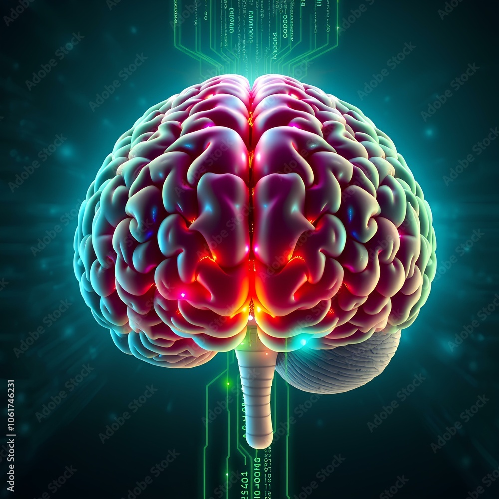 Highly detailed brain illustration. It has binary code and data symbols ...