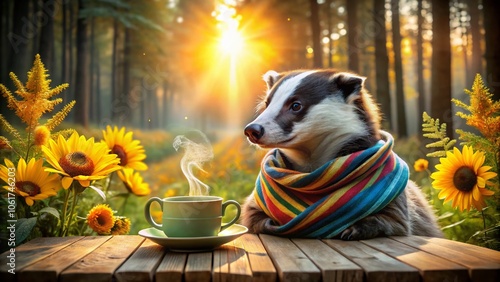 Adorable Badger in Scarf Enjoying Coffee - Double Exposure Photography of Nature and Whimsy