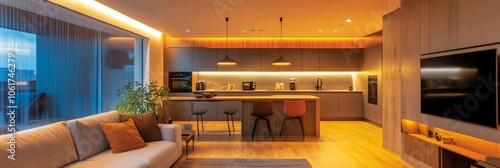 Smart apartment with energy-efficient lighting; contemporary design with adjustable smart lighting for a warm, cozy, and inviting atmosphere.