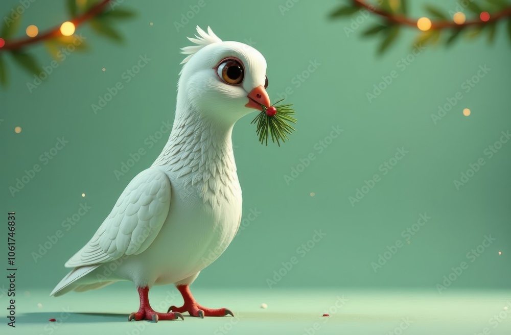 Obraz premium Cartoonish white bird with christmas tree branch ina beak. Festive lights green background, Space for text or logo