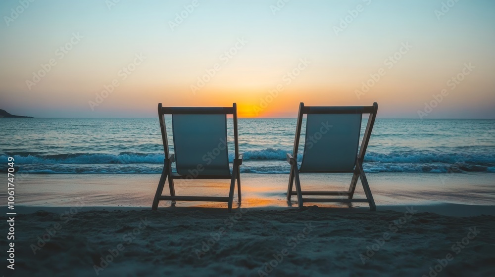 Two beach chairs facing the ocean at sunset create a peaceful, romantic atmosphere, with no one present. Two beach chairs facing the ocean at sunset create a peaceful, romantic atmosphere, with no one present.