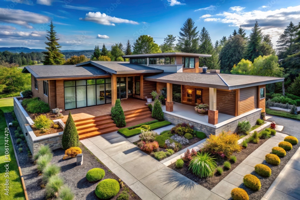 Fototapeta premium Aerial View of a Modern Ranch with Expansive Front Porch and Built-in Planters Blending Architecture and Nature
