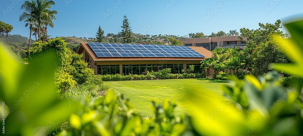 Tropical Solar Powered Home with Photovoltaic Panels in Sustainable Garden Landscape Tropical Solar Powered Home with Photovoltaic Panels in Sustainable Garden Landscape