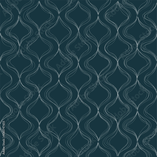 Abstract seamless pattern with hand drawn white waves on green background. Line style wallpaper, backdrop, cover, fabric, texture, textile.