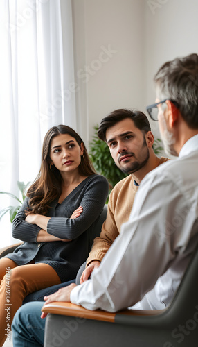 Photo of puzzled unhappy couple having conversation with psychologist on therapy session in room isolated with white highlights, png