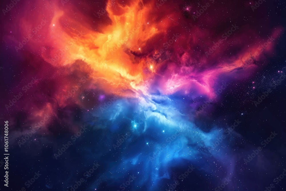 A cosmic swirl of red, orange, and blue nebulae with scattered stars in a dark sky A cosmic swirl of red, orange, and blue nebulae with scattered stars in a dark sky