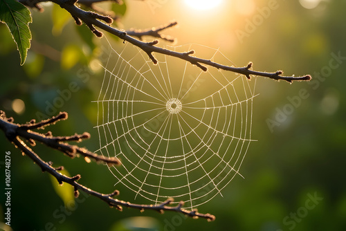 Intricate spider web on tree branch at sunrise in natural forest setting,background blurred
