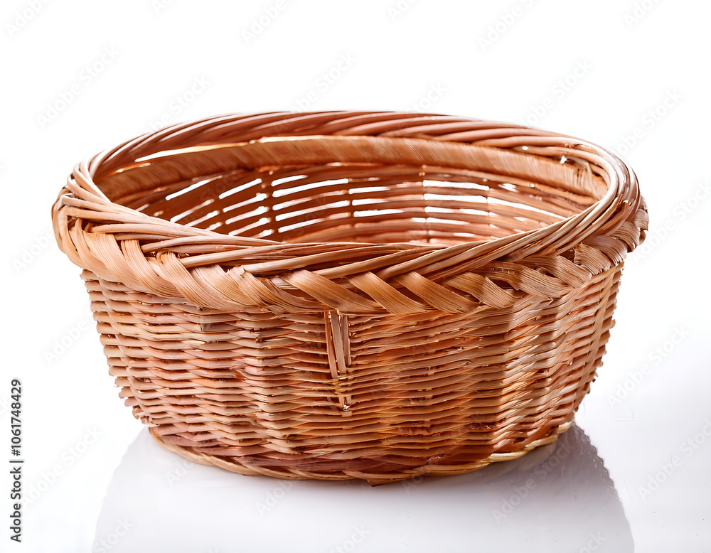 Obraz premium A close-up of an empty handcrafted woven basket set against a white background, highlighting its natural texture and traditional design. Ideal for storage, decoration, or gift presentation