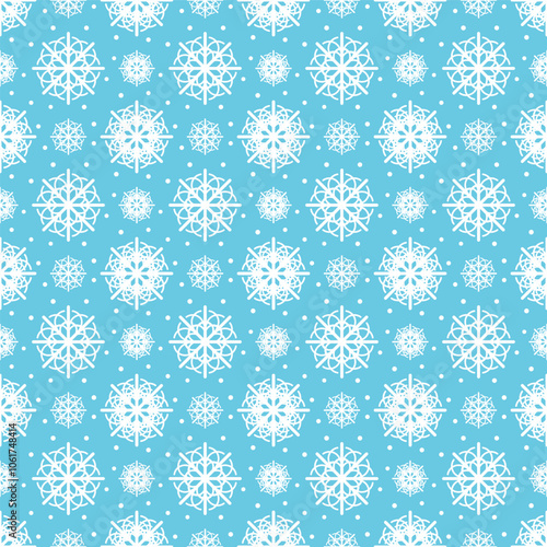 Many Falling White Snowflake Pattern On Blue Background. Christmas Backdrop. Winter Wallpaper