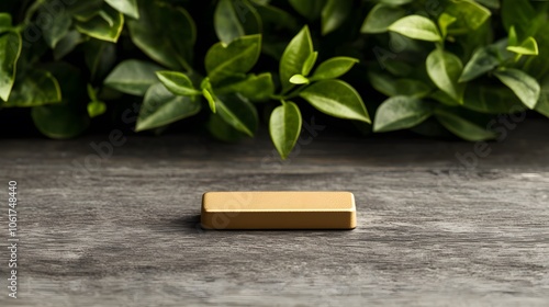 Elegant Golden Bar Resting Amidst Lush Greenery on Rustic Wooden Surface Captured in Detail. Gold Investment Concept