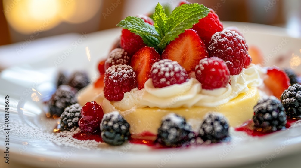 A close-up of a gourmet dessert topped with fresh berries and mint, elegantly presented on a white plate. A close-up of a gourmet dessert topped with fresh berries and mint, elegantly presented on a white plate.