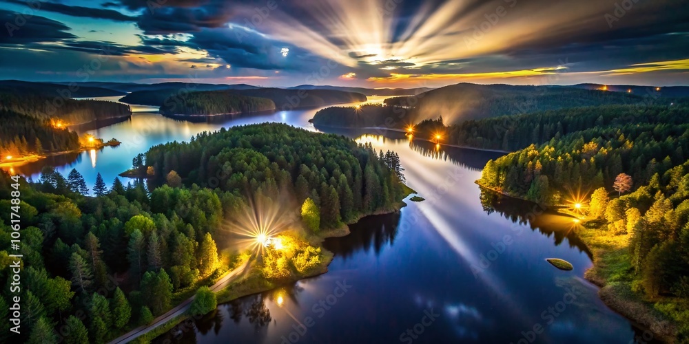 Obraz premium Aerial View of a Vibrant Landscape with Flashlight Beams Illuminating the Night Sky, Creating Stunning Patterns Above a Serene Forest and Calm Water Reflections