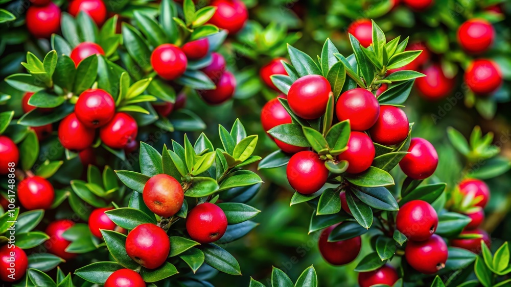 Aerial View of Butcher's Broom with Vibrant Red Berries in Lush Green Landscape, Nature's Beauty, Seasonal Colors, Plant Life, Forest Photography, Ground Cover, Natural Habitat Aerial View of Butcher's Broom with Vibrant Red Berries in Lush Green Landscape, Nature's Beauty, Seasonal Colors, Plant Life, Forest Photography, Ground Cover, Natural Habitat
