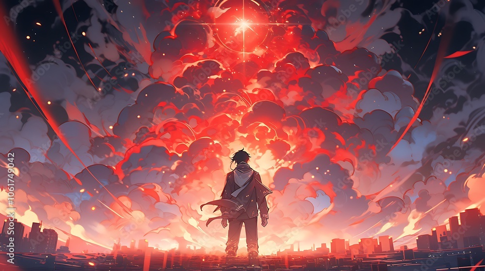 Fototapeta premium anime man standing against the apocalypse world, colorful anime style