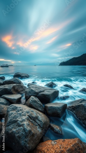 The smooth, gray rocks lie just at the edge of the water as the waves gently lap at their base at sunset photo