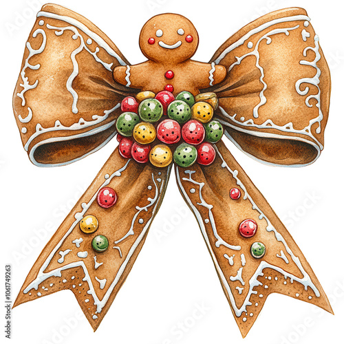 Festive Gingerbread Figures with Holiday Decorations, Adorable gingerbread characters with festive bows, holly accents, and Christmas decorations, perfect for holiday designs, greeting cards
