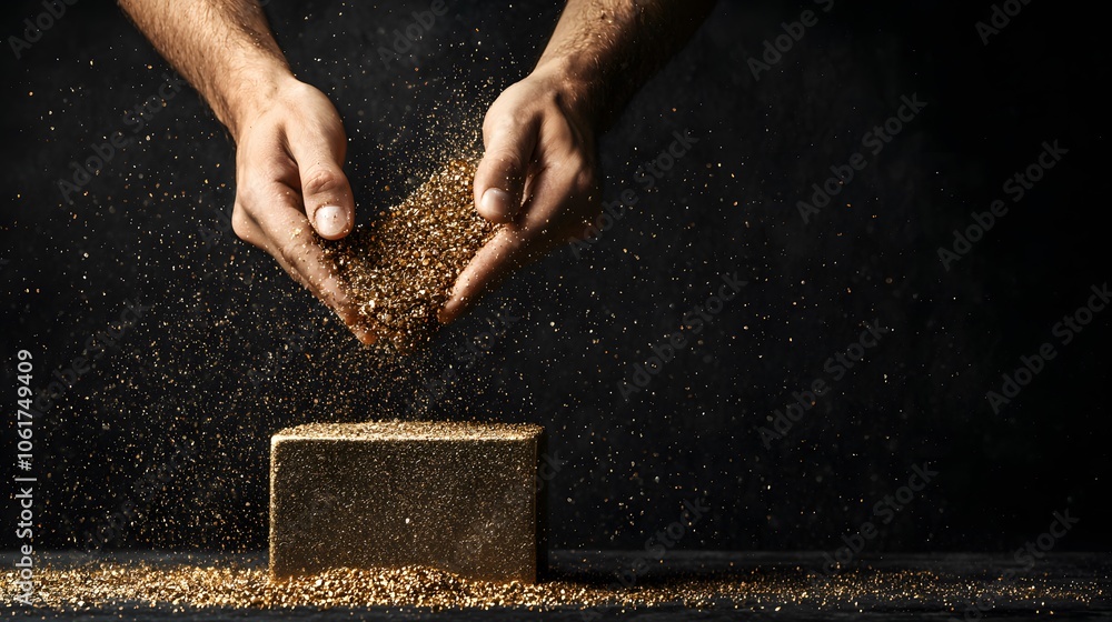 Hands Gently Dispersing Golden Particles Over Solid Gold Block, Creating a Dazzling Scene. Gold Investment Concept Hands Gently Dispersing Golden Particles Over Solid Gold Block, Creating a Dazzling Scene. Gold Investment Concept