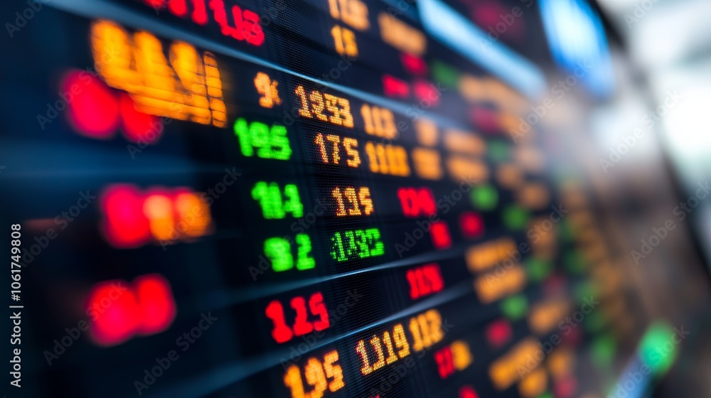 A close-up view of a stock ticker on a monitor displaying fluctuating market prices. A close-up view of a stock ticker on a monitor displaying fluctuating market prices.