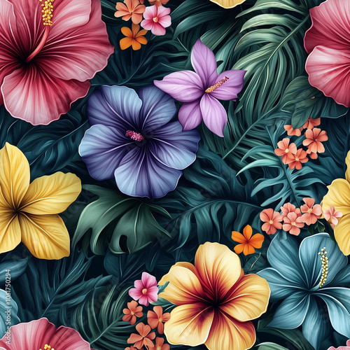 Seamless tropical floral pattern with hibiscus, plumeria, and lush green palm leaves, vibrant colors with teal and coral accents, fresh and exotic atmosphere