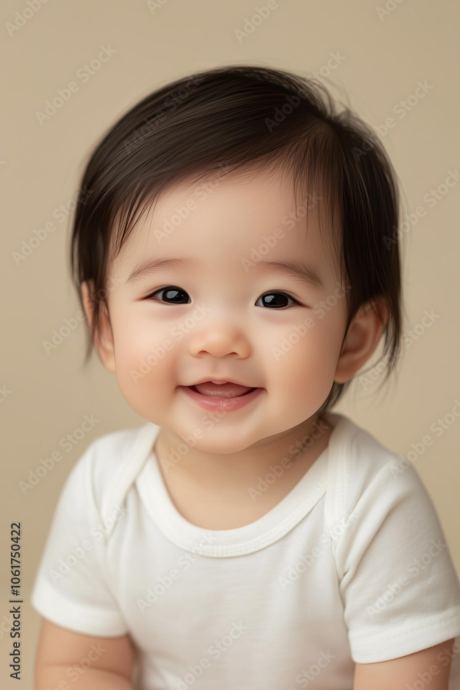 asian little baby boy or girl 6 month old smiling wearing blank mockup white bodysuit,isolated on a beige background asian little baby boy or girl 6 month old smiling wearing blank mockup white bodysuit,isolated on a beige background