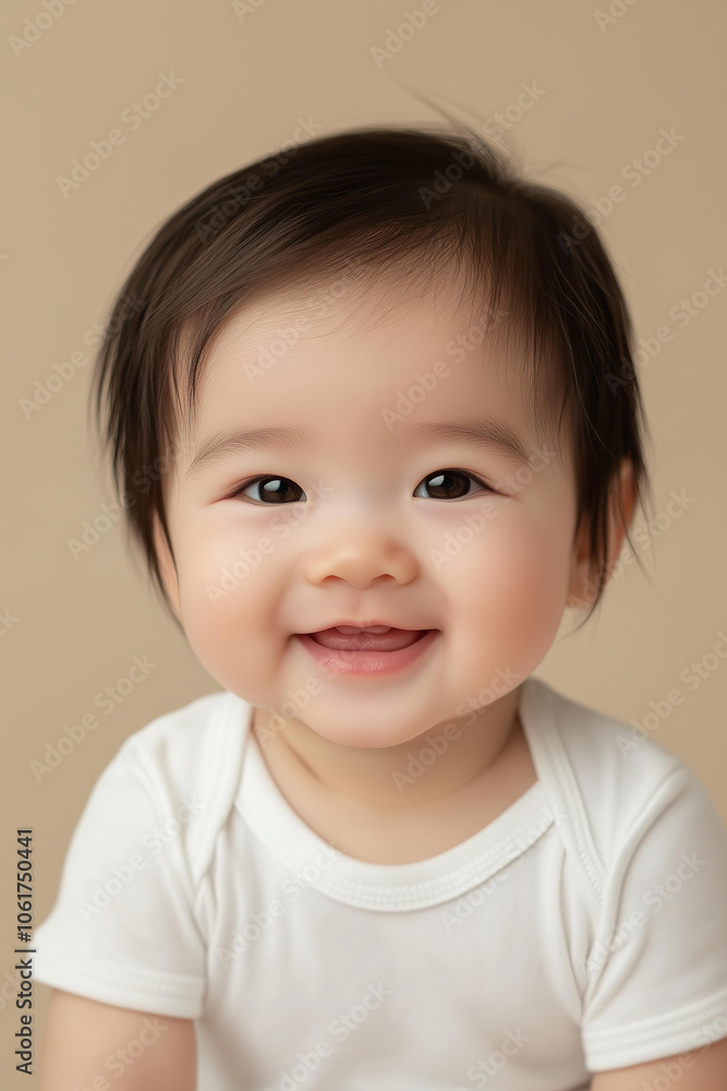 asian little baby boy or girl 6 month old smiling wearing blank mockup white bodysuit,isolated on a beige background asian little baby boy or girl 6 month old smiling wearing blank mockup white bodysuit,isolated on a beige background