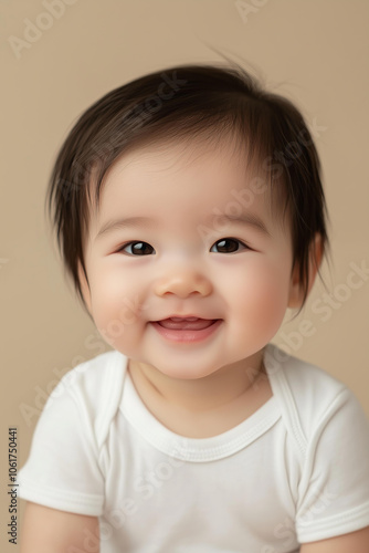 asian little baby boy or girl 6 month old smiling wearing blank mockup white bodysuit,isolated on a beige background