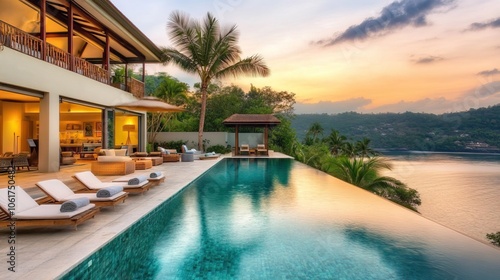 Luxury tropical villa with an infinity pool, open-air design, surrounded by palm trees, sunset reflections in the water