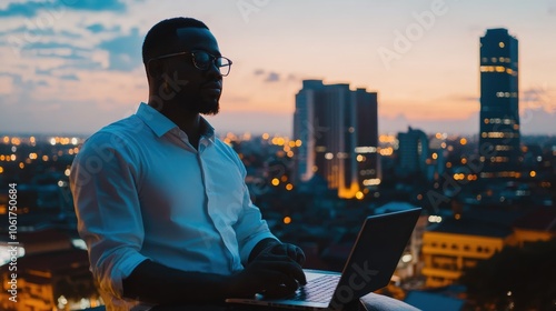 Young entrepreneur with laptop in rooftop view, [urban ambition], [concept of focus, ambition, and modern success] 