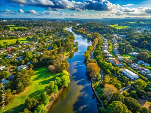 Aerial View of Yarra River Flowing Through Eltham Suburb in Melbourne, Australia - Scenic Landscape Photography, Nature Beauty, Urban and Natural Harmony photo