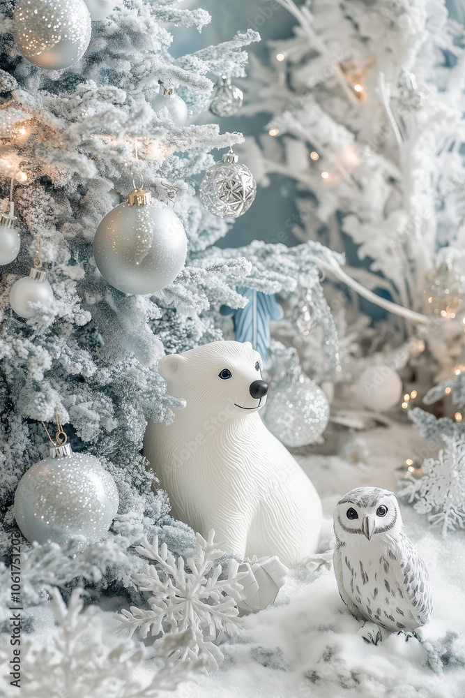 Obraz premium serene, snow-white winter wonderland Christmas scene, capturing the magic of a frosty, snowy day. The room is adorned with an all-white or flocked Christmas tree, decorated with icicles, crystals