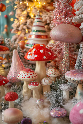 whimsical and colorful Christmas scene featuring a variety of mushroom decorations  photo