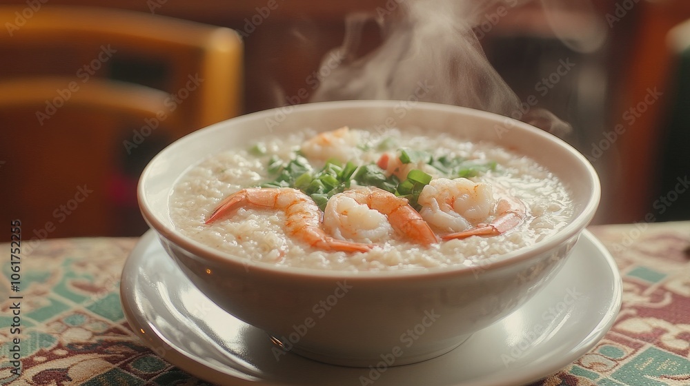 Delicious Shrimp Congee with Fresh Herbs and Steam Delicious Shrimp Congee with Fresh Herbs and Steam