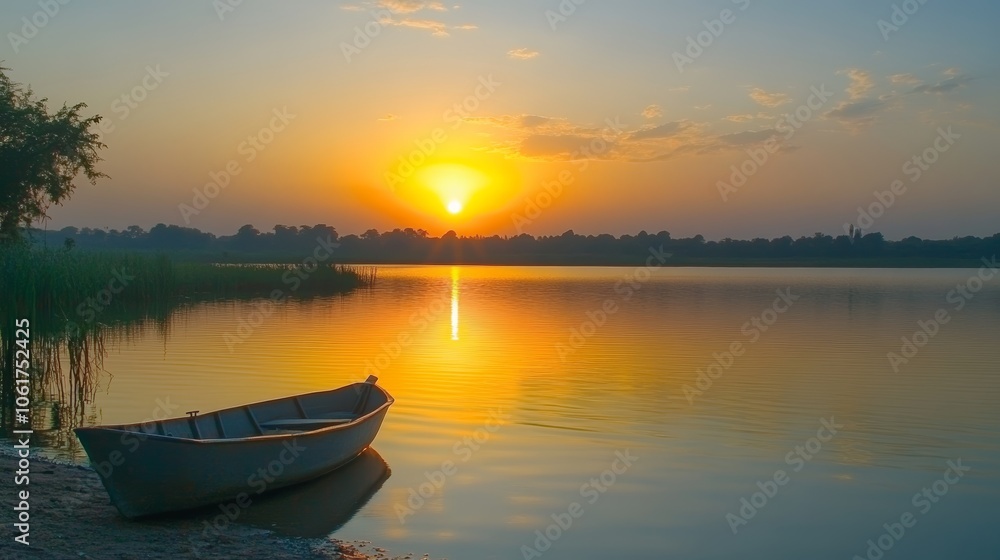 A tranquil lake at sunset, featuring a boat docked by the shore, highlighting travel without depicting any people. A tranquil lake at sunset, featuring a boat docked by the shore, highlighting travel without depicting any people.