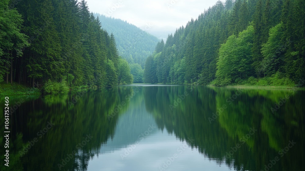 Fototapeta premium A serene lake encircled by a lush forest, reflecting the trees on the still water, creating a tranquil atmosphere.
