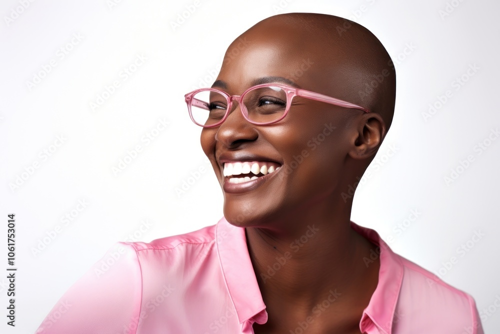 Obraz premium Happy woman with orange eyeglasses.