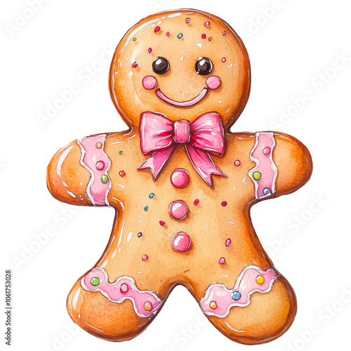 Festive Gingerbread Figures with Holiday Decorations, Adorable gingerbread characters with festive bows, holly accents, and Christmas decorations, perfect for holiday designs, greeting cards