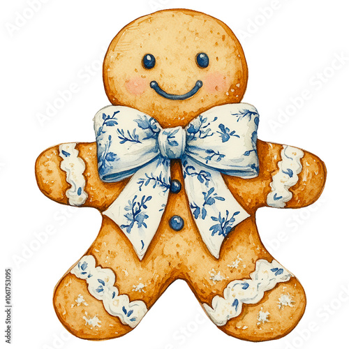 Festive Gingerbread Figures with Holiday Decorations, Adorable gingerbread characters with festive bows, holly accents, and Christmas decorations, perfect for holiday designs, greeting cards