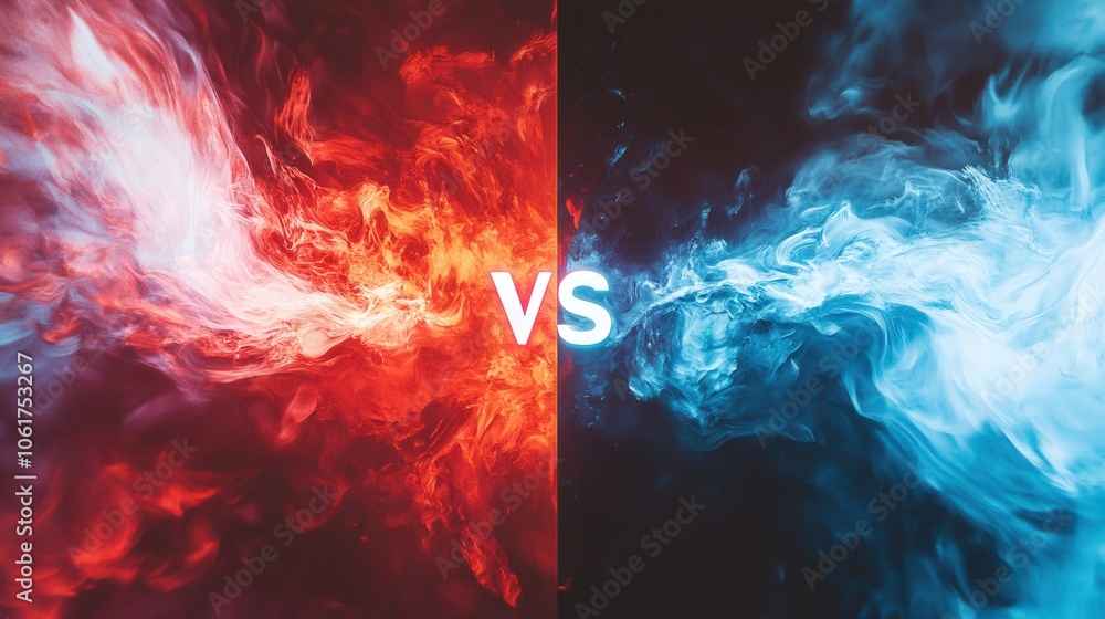 Dynamic abstract composition featuring a fiery red and icy blue backdrop split by a bold black and white line, with a radiant glowing VS symbol at the center, creating a striking contrast Dynamic abstract composition featuring a fiery red and icy blue backdrop split by a bold black and white line, with a radiant glowing VS symbol at the center, creating a striking contrast