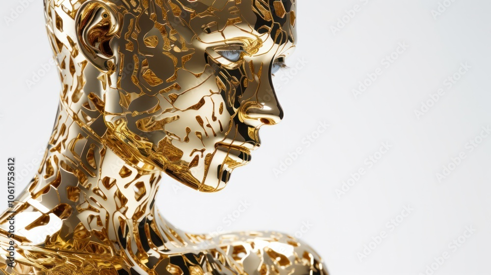 gold pieces meticulously arranged to form a human-like shape, glistening against a pristine white background. The golden hue reflects light, gold pieces meticulously arranged to form a human-like shape, glistening against a pristine white background. The golden hue reflects light,