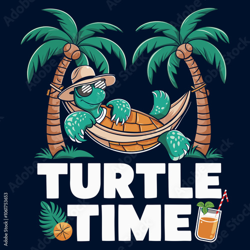 T-Shirt Print Design - Relaxed Turtle in Hammock with Palm Trees and Tropical Vibes