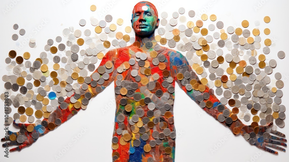 Fototapeta premium cash and coins crafted into a human form, with each note and coin carefully placed to create a striking visual.