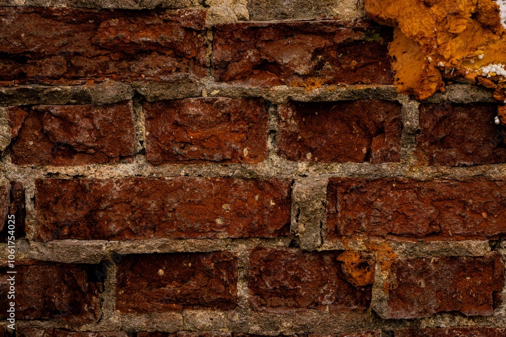 Obraz premium Ceglana ściana z widocznymi śladami rdzy i uszkodzeń