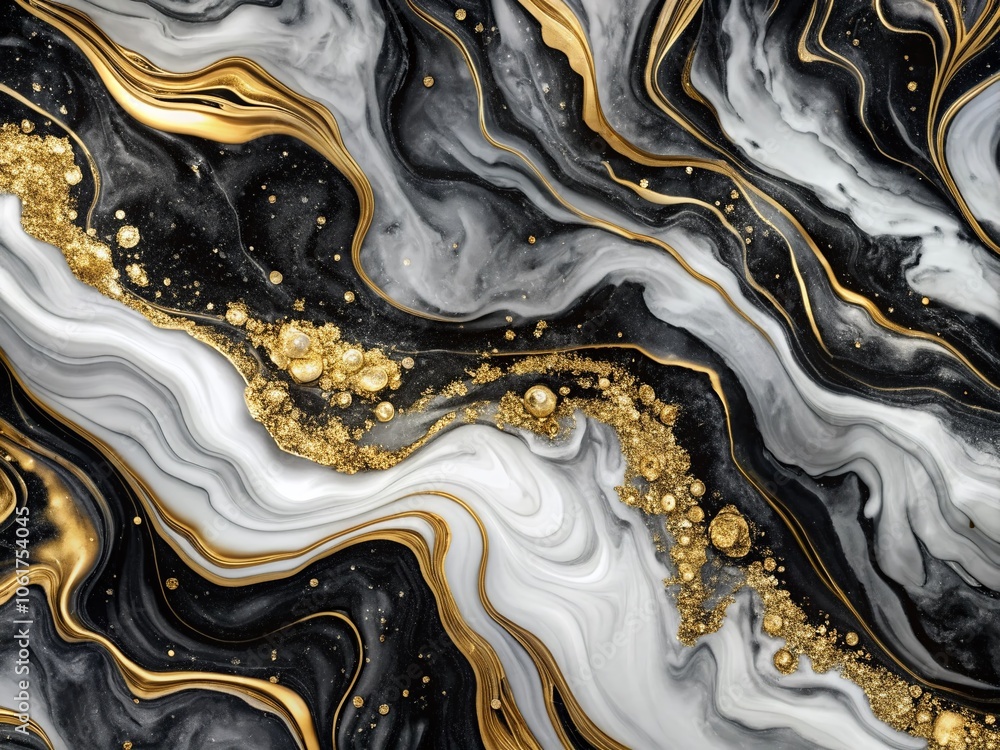 Black and White Liquid Marble Background with Natural Texture and Gold Glitter for Elegant Design Projects, Home Decor, and Digital Art Creations